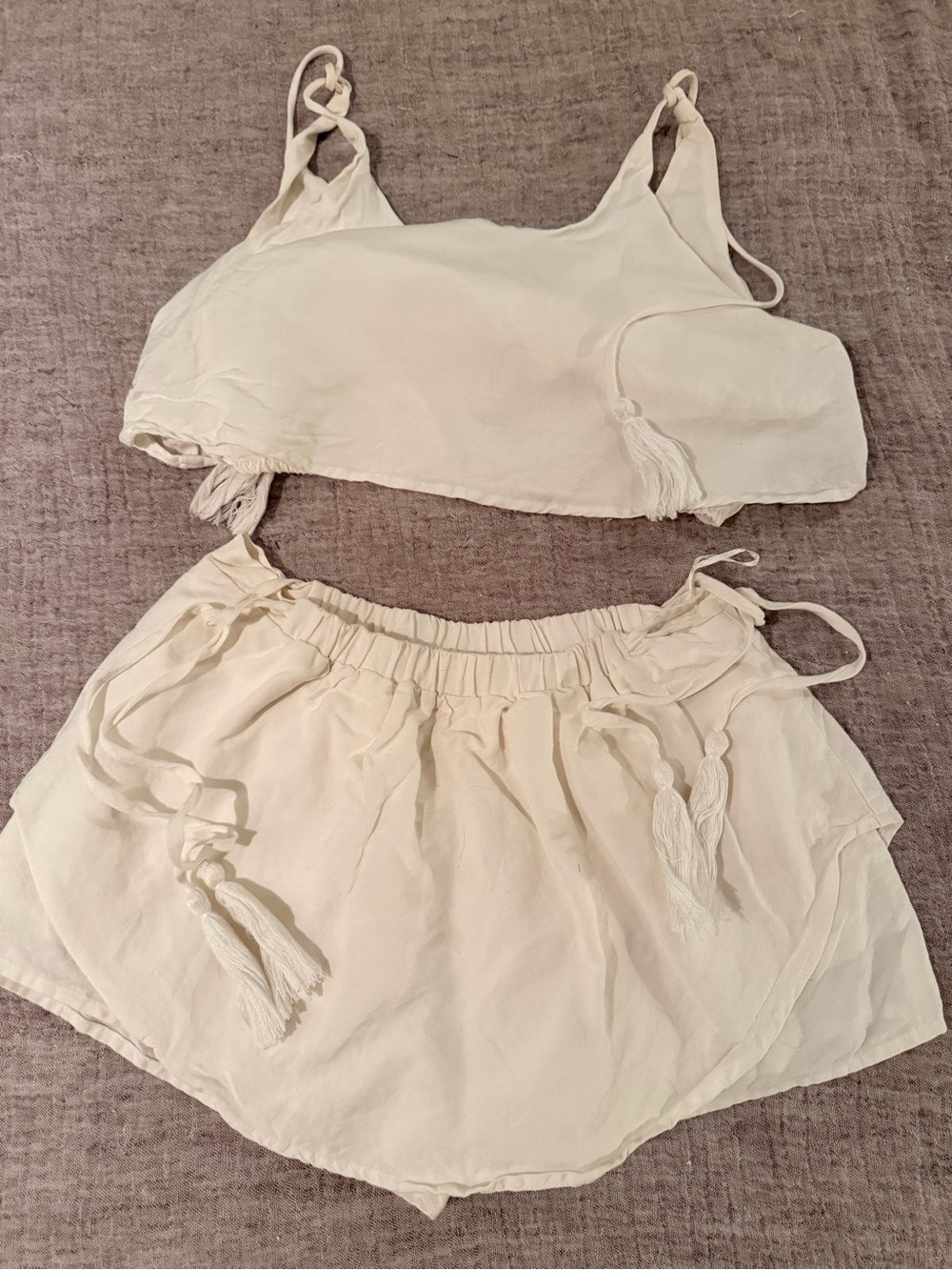 Cream Two-Piece Tassel linen Set